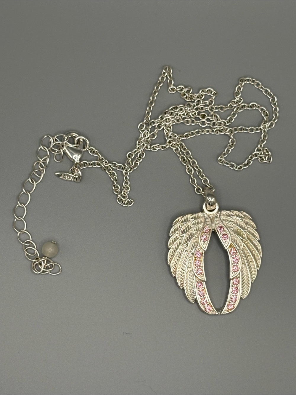 Vintage Avon signed silver tone pink rhinestone wings adjustable necklace
